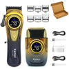 A set of Kemi KM-T228 cordless hair clippers and accessories including a charger and combs.