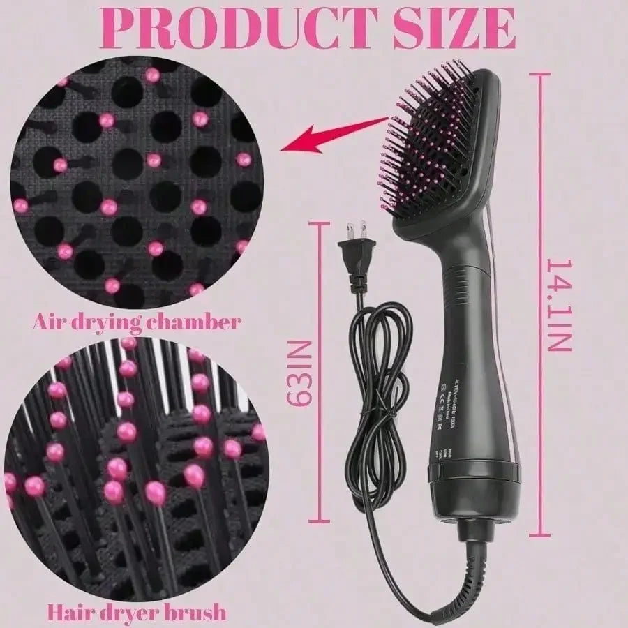 A black 3-in-1 heat styling tool for hair straightening, drying, and smoothing shown with its brush attachments.