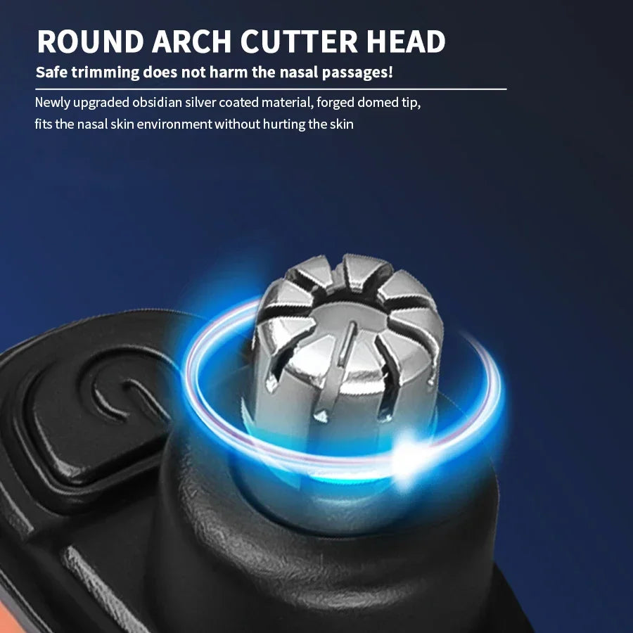 A close-up of a round arch cutter head with a blue glow, fitted onto a black trimmer body.
