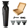 A black professional cordless hair clipper set including a body, box, and various sized cutting combs.