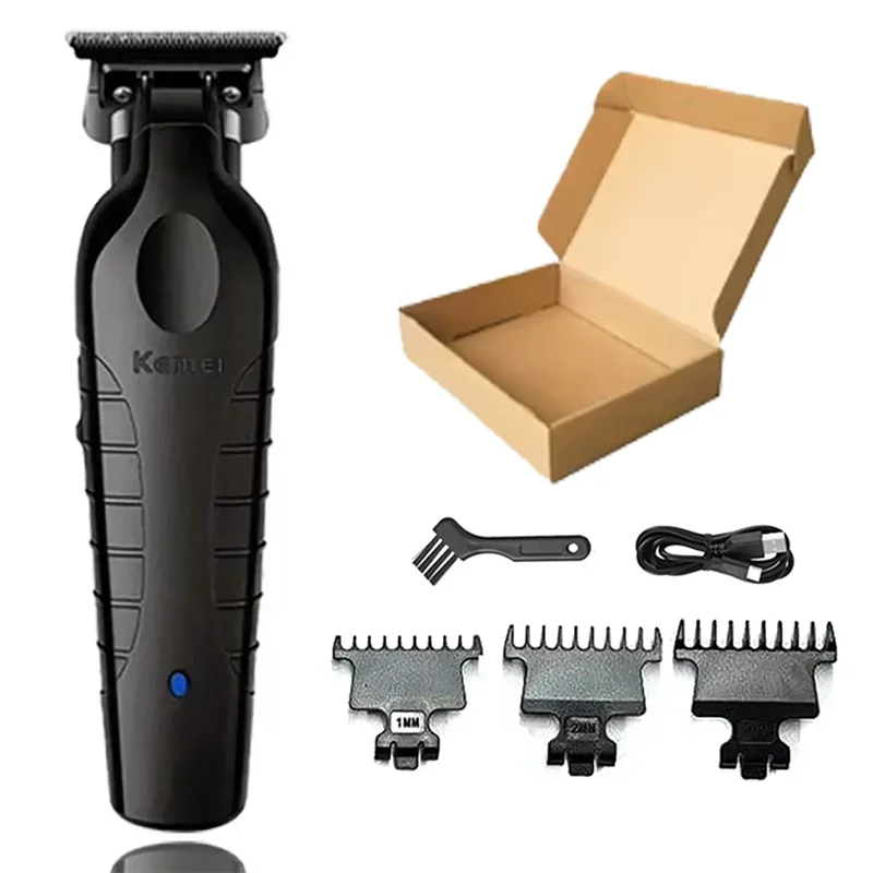 A black professional cordless hair clipper set including a body, box, and various sized cutting combs.