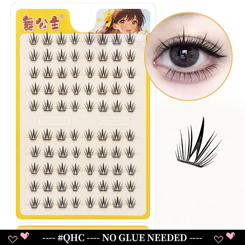 A plastic tray of Dingsen Cluster Eyelash Extensions with various lash styles and a close-up of an eye.