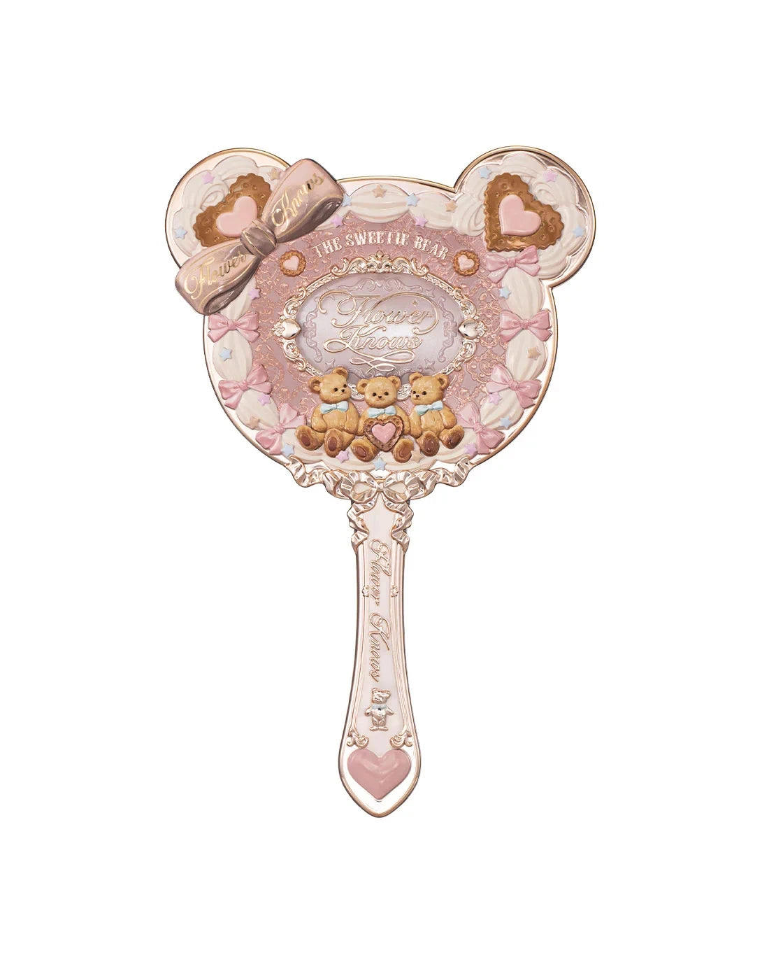 A vintage-style pearl hand mirror with a pink frame, a bow, and small teddy bears.