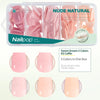 Una caja de puntas de uñas naturales nude suaves para uñas postizas, mostrando varios tonos y ejemplos de aplicación.