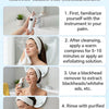 A woman is shown using an electric blackhead remover tool on her face during a skincare routine.
