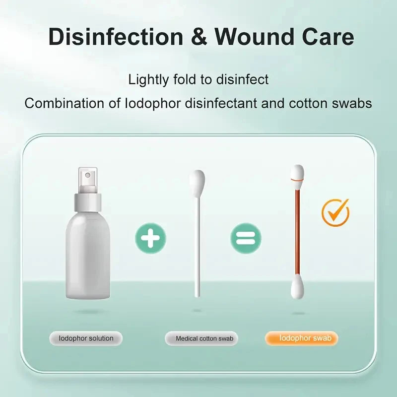 Solution désinfectante iodophor et cotons-tiges pour les soins de plaies.