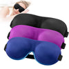 A stack of purple and blue 3D sleep masks for light blocking, shown next to a person wearing black sunglasses.