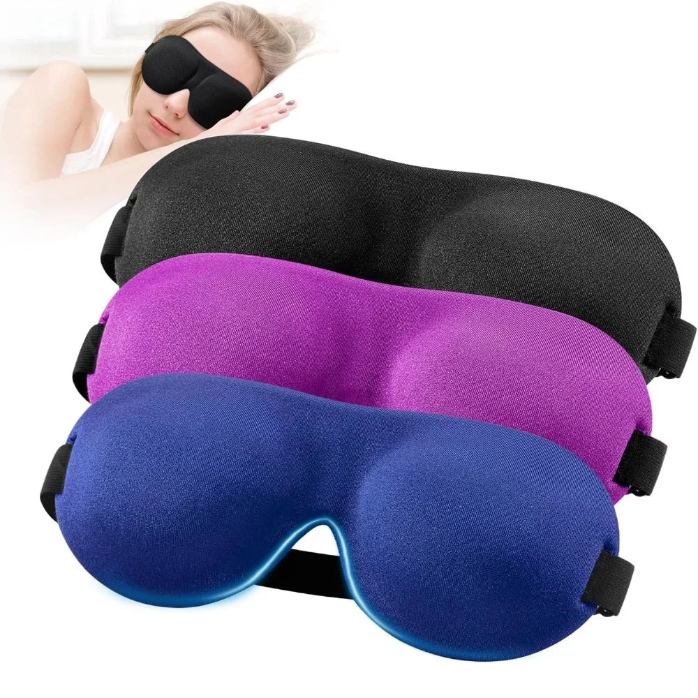 A stack of purple and blue 3D sleep masks for light blocking, shown next to a person wearing black sunglasses.