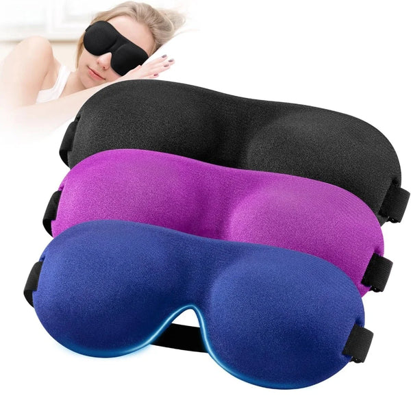 A stack of purple and blue 3D sleep masks for light blocking, shown next to a person wearing black sunglasses.