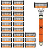 A set of orange and black multi-blade safety razors with silver handles.