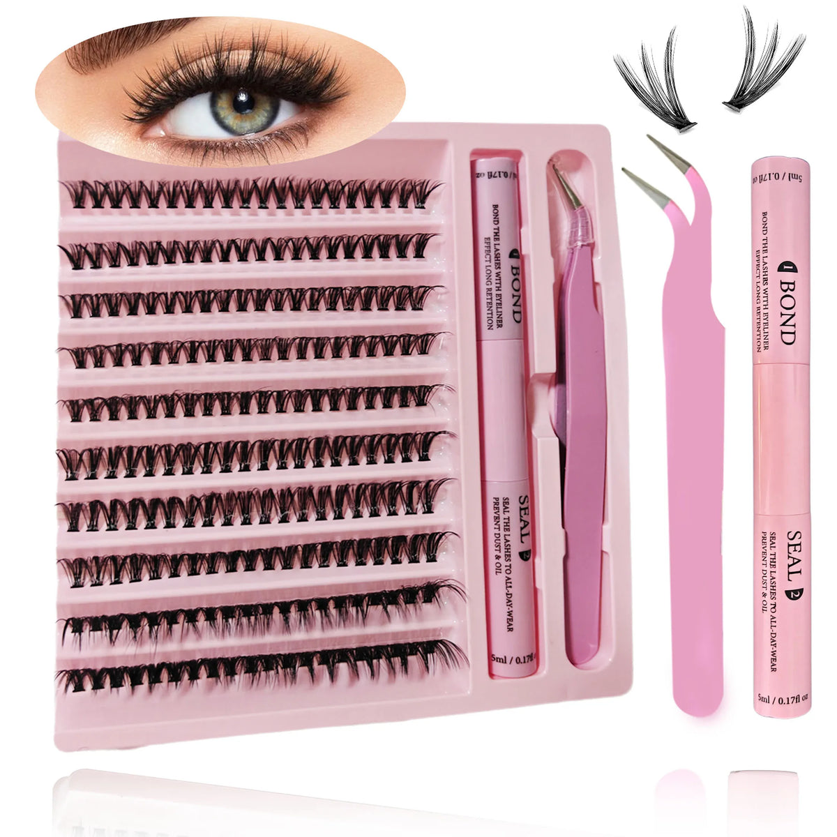 A pink DIY lash extension kit featuring bond, seal, and remover tools and lash extensions.