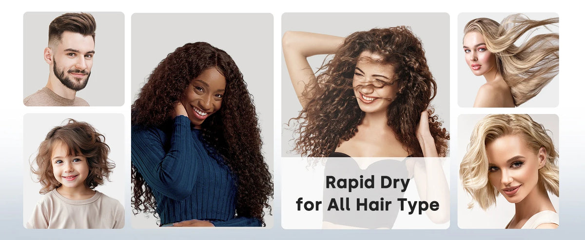 A collage showing various people with different hair types using a professional high-speed ionic hair dryer for quick drying.