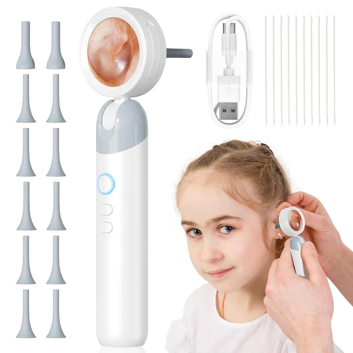 A girl is using a portable HD pet and child inspection camera to examine an object.