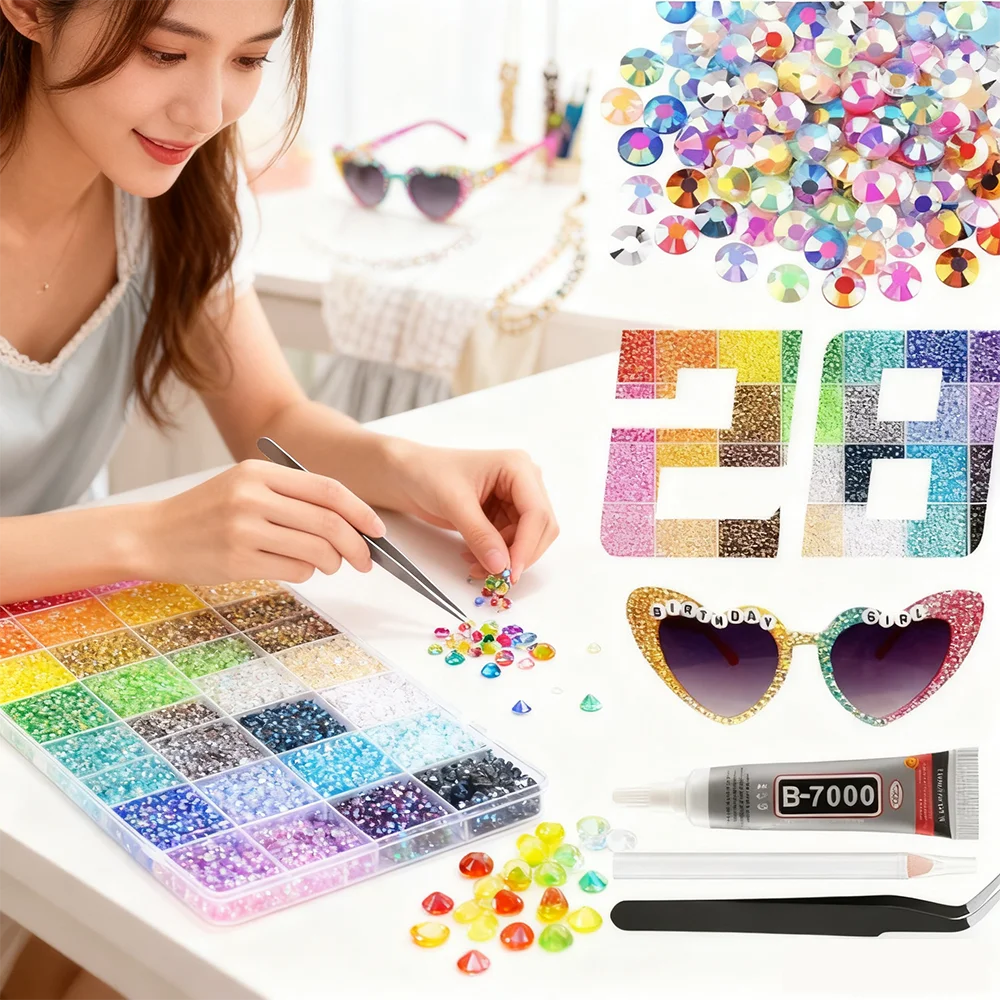 A collection of colorful resin glitter and beads, including a palette, sunglasses, and tools for DIY crafting.