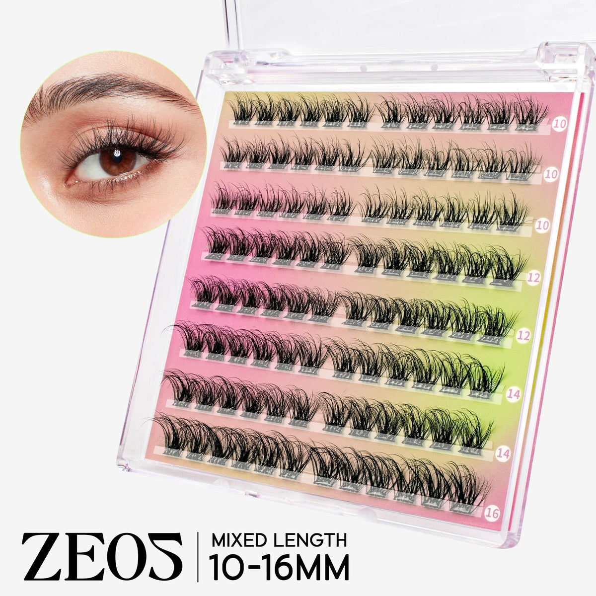 A display of mixed length black and green eyelash extensions in a clear plastic case.