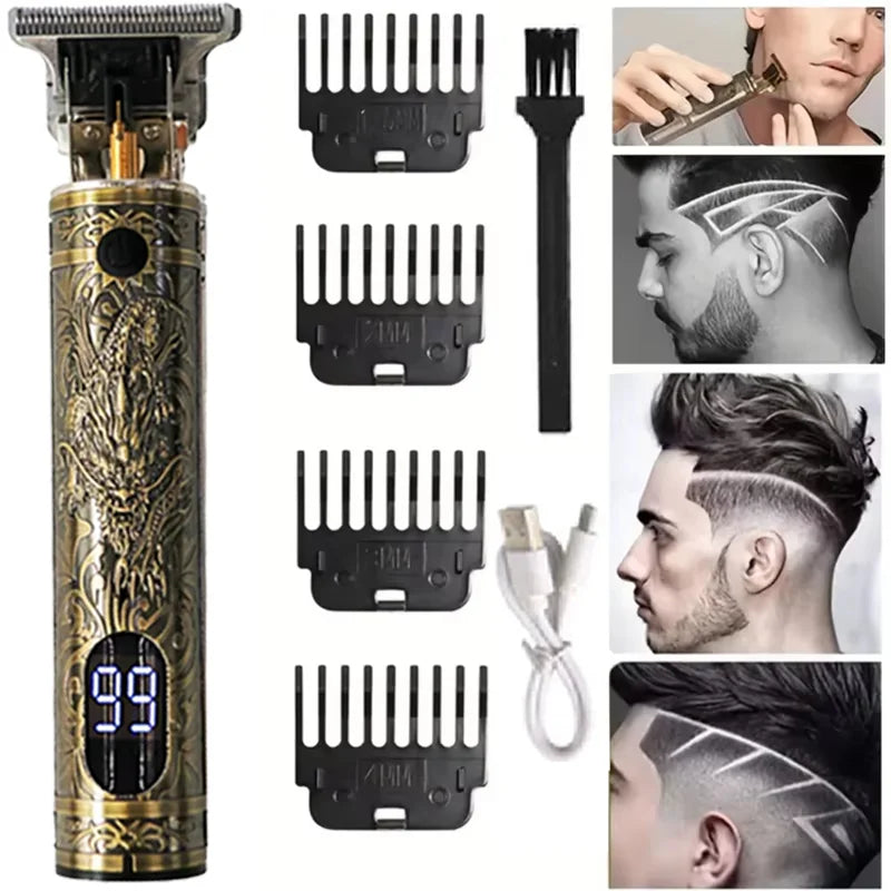A set of professional electric hair trimmers and attachments for precision cutting, shown in various configurations.