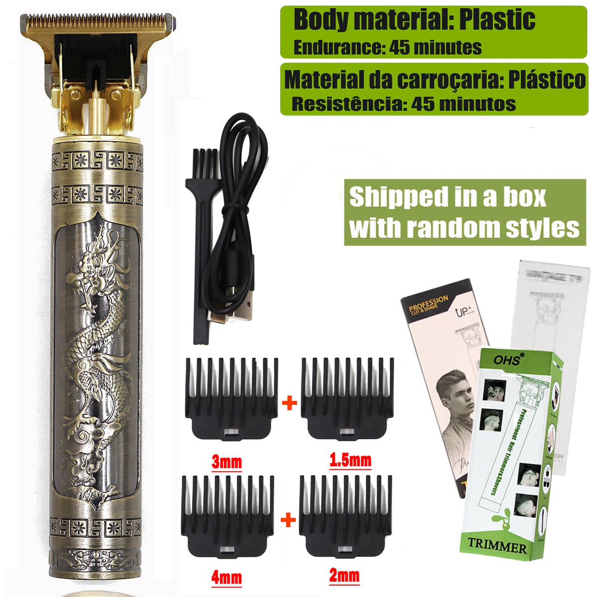 A set of plastic electric hair shavers and trimmers with various blade sizes shown in a box.