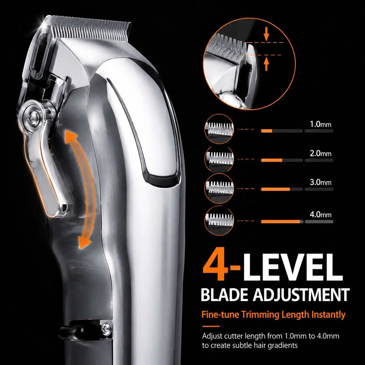 Close-up of a silver professional cordless hair clipper showing 4-level blade adjustment options.