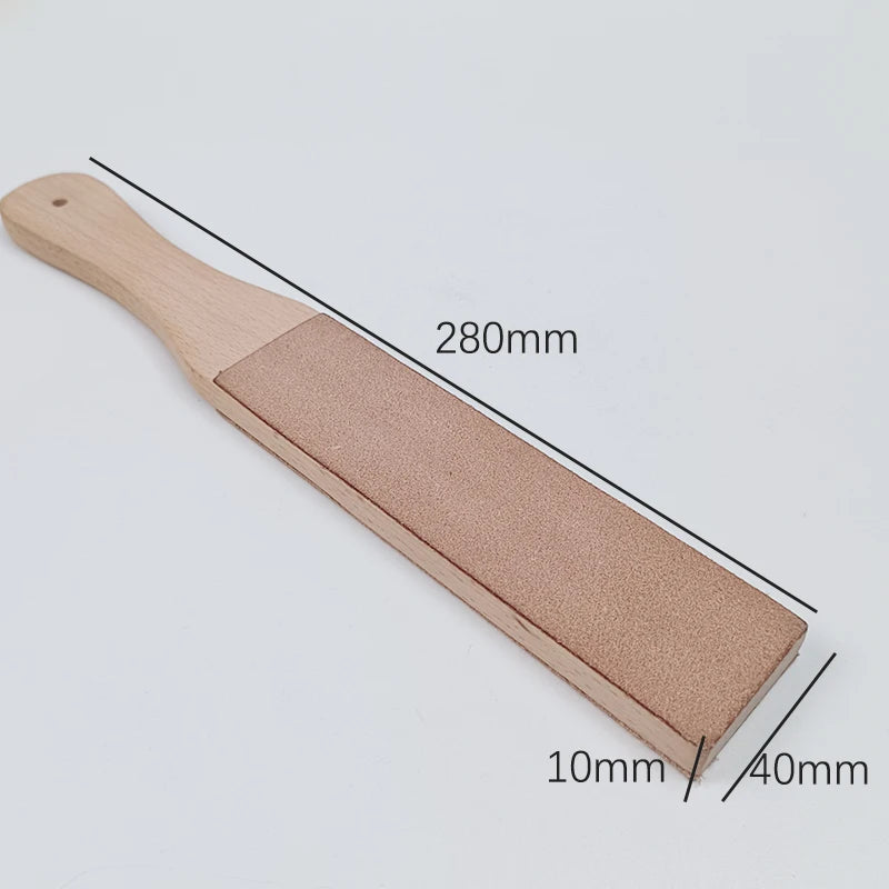 A wooden leather sharpening strop with a sanding pad, measuring 280mm in length.