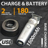 A silver electric hair clipper battery and charger with a USB cable, showing charging time details.