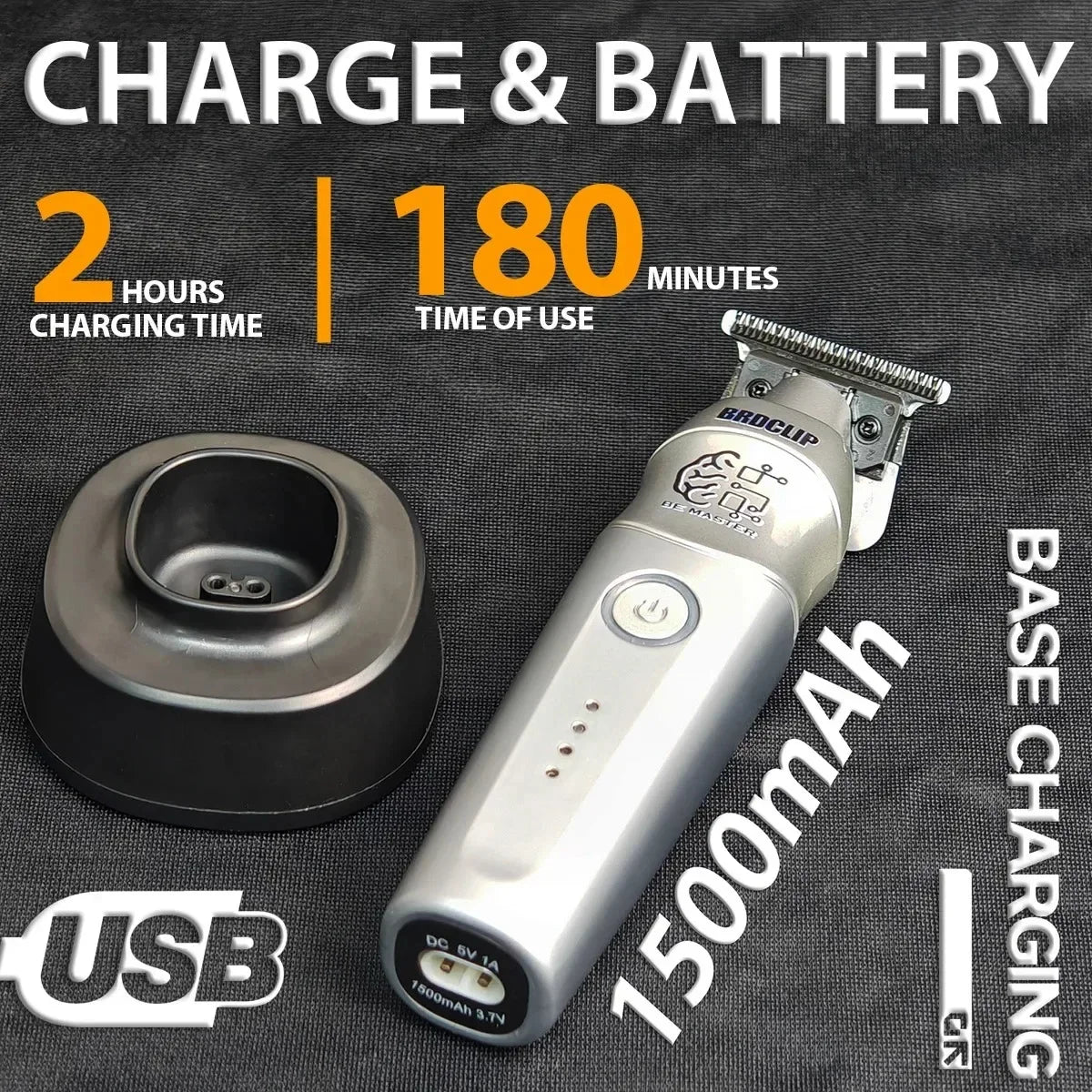 A silver electric hair clipper battery and charger with a USB cable, showing charging time details.