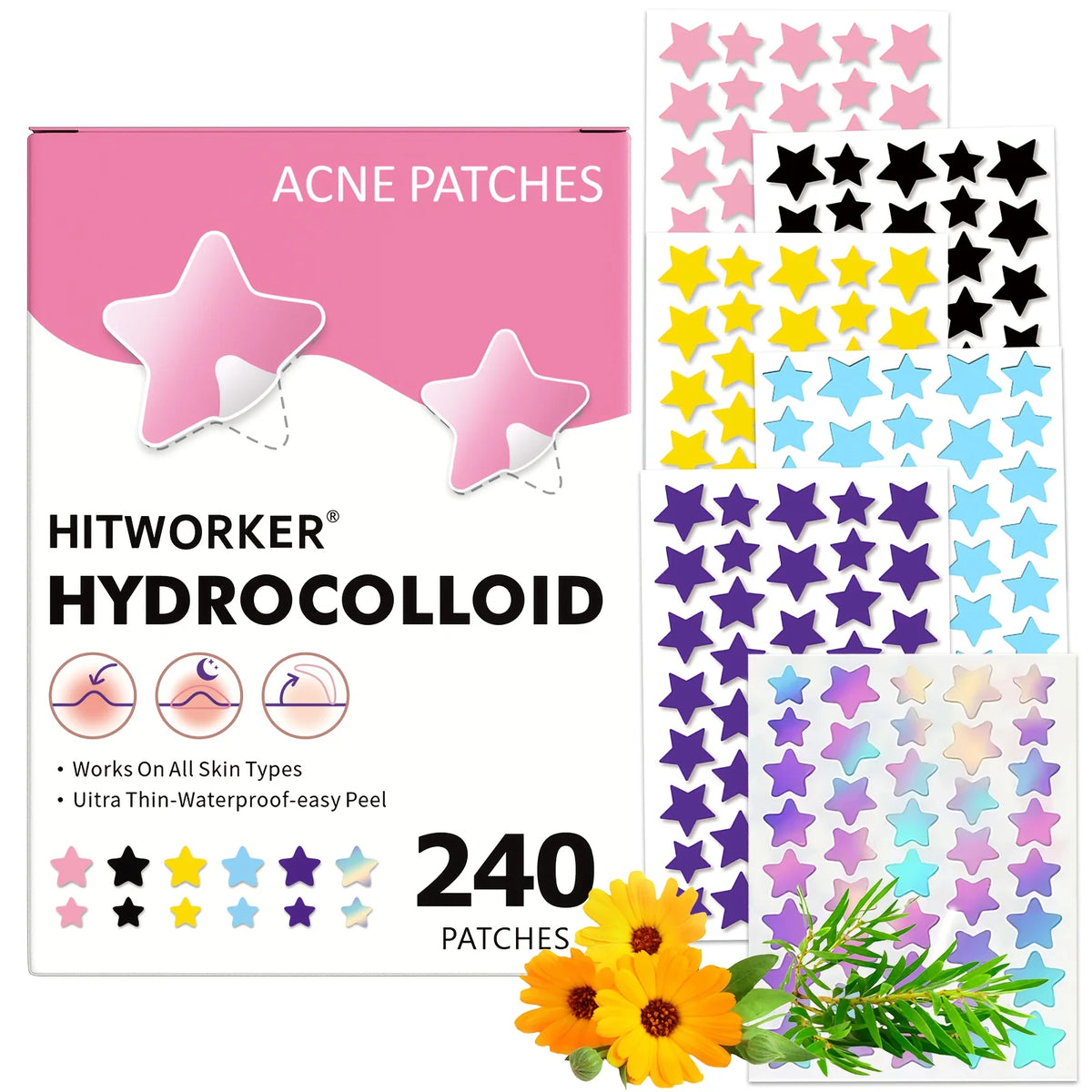 Boîte de patchs à l'acné Hitworker hydrocolloïdes, avec diverses formes étoilées roses, noires, jaunes et bleues