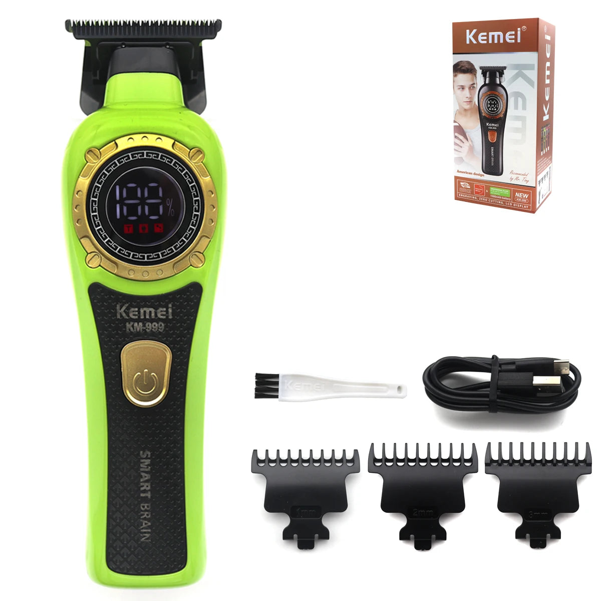 A lime green cordless hair trimmer with an LED display and three interchangeable trimming heads.