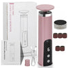 A pink electric foot callus remover device shown in its packaging with accessories.