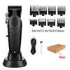Black electric hair clipper kit with various guard attachments and a box.