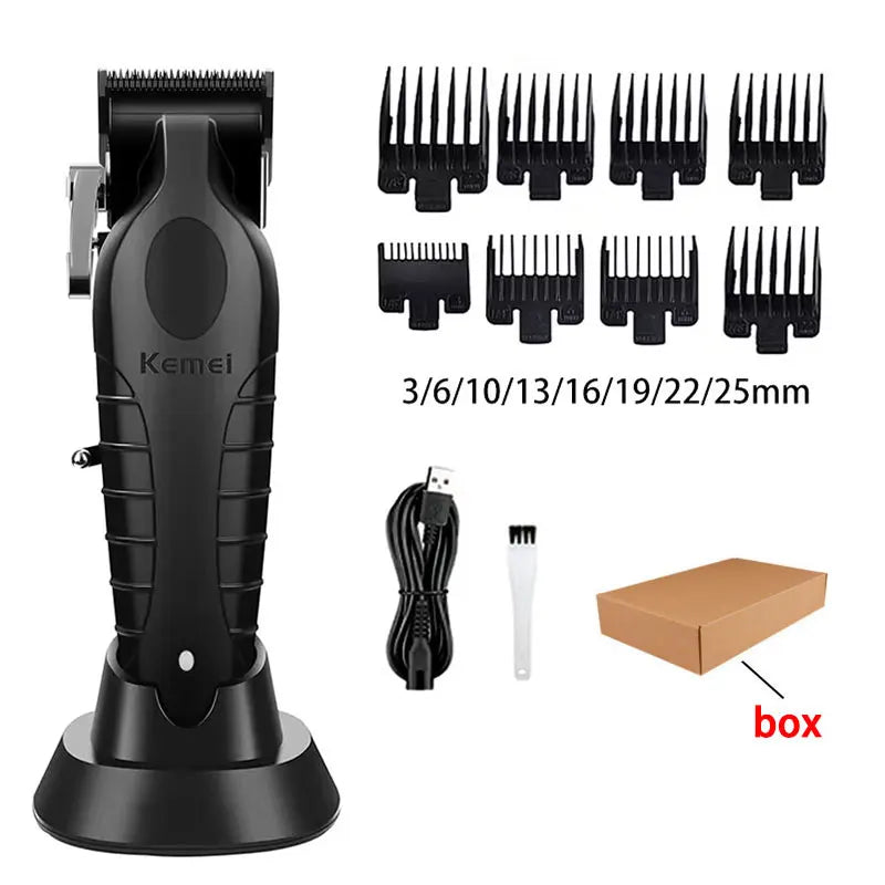 Black electric hair clipper kit with various guard attachments and a box.