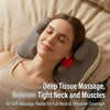 A woman is using a portable shiatsu neck massager pillow for deep tissue massage on her neck and shoulders.