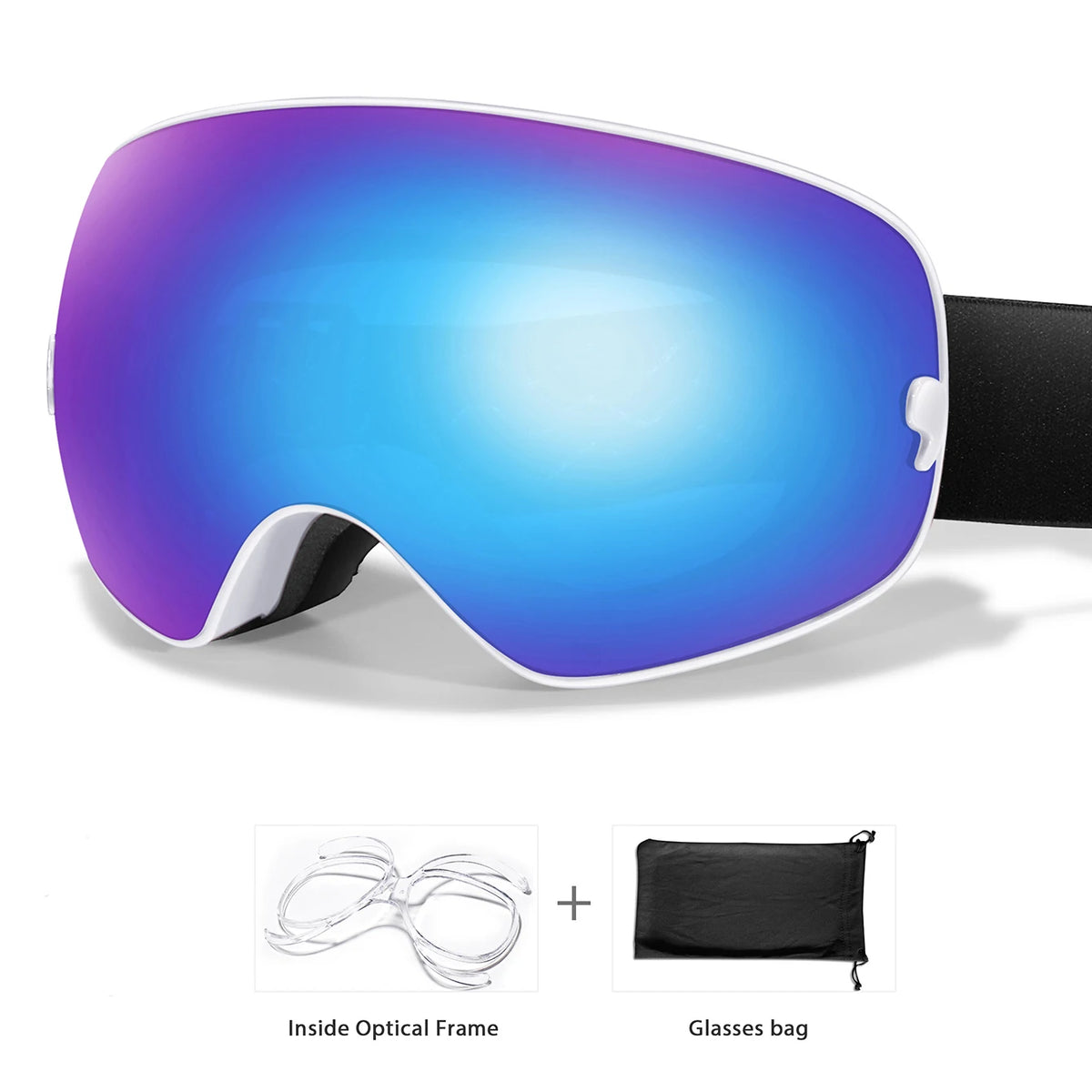 A purple-tinted sports goggle is shown next to its included glasses bag and optical frame.