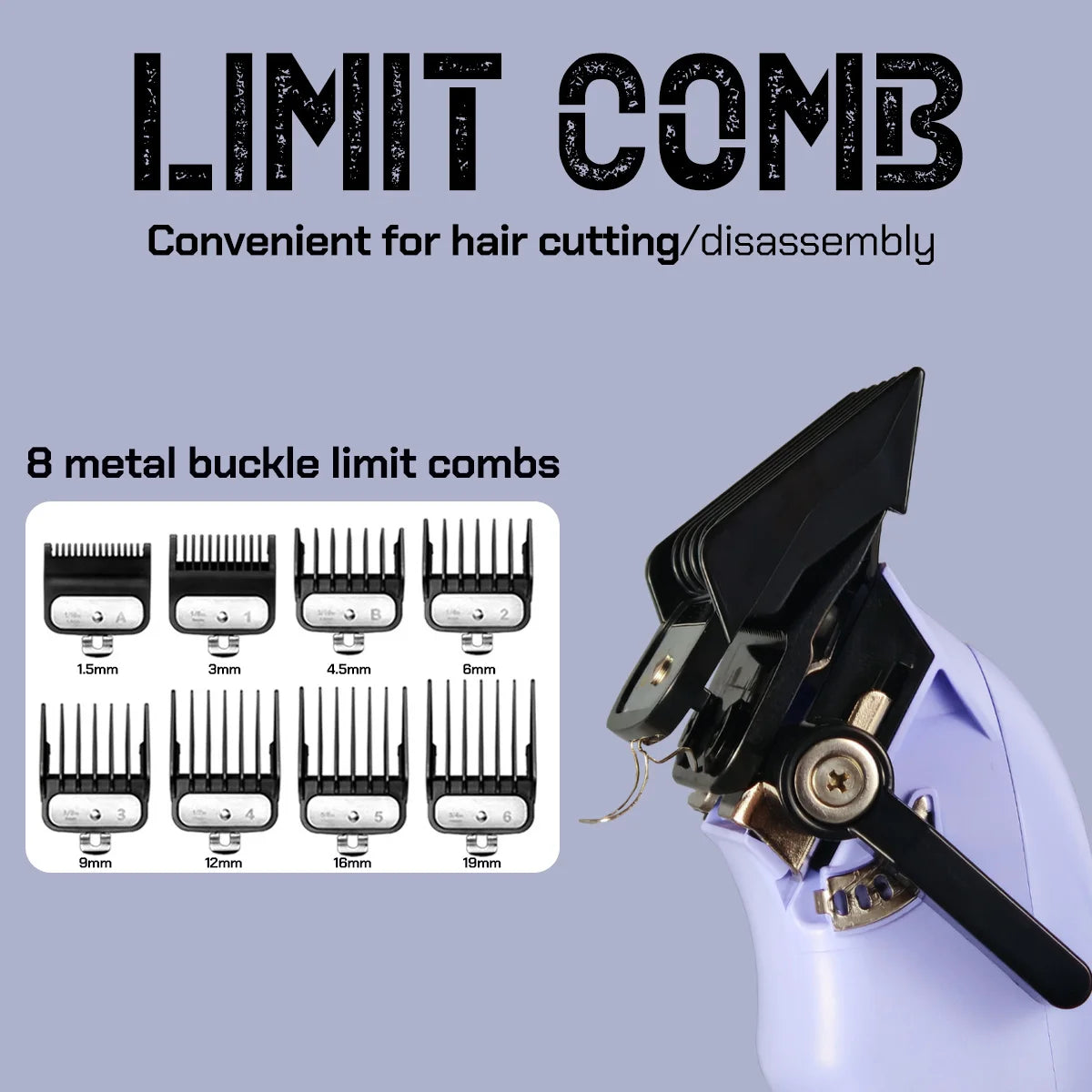 A collection of eight metal buckle limit combs for hair cutting and disassembly, shown next to a purple hair tool.