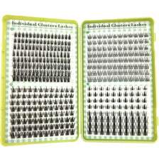 Two packaged boxes of individual clusters lashes for eyelash extensions, labeled A and B on the left and C and D on the right