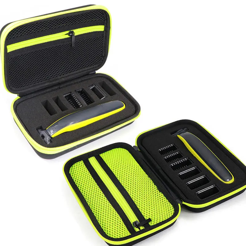 A bright yellow and black hard-shell travel case for electric shavers, shown open and closed.