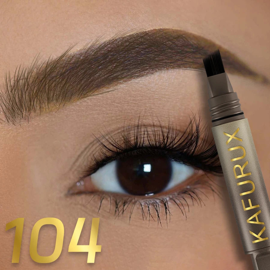Close-up of a hand applying KAFURUX 104 eyebrow pencil to an eye.