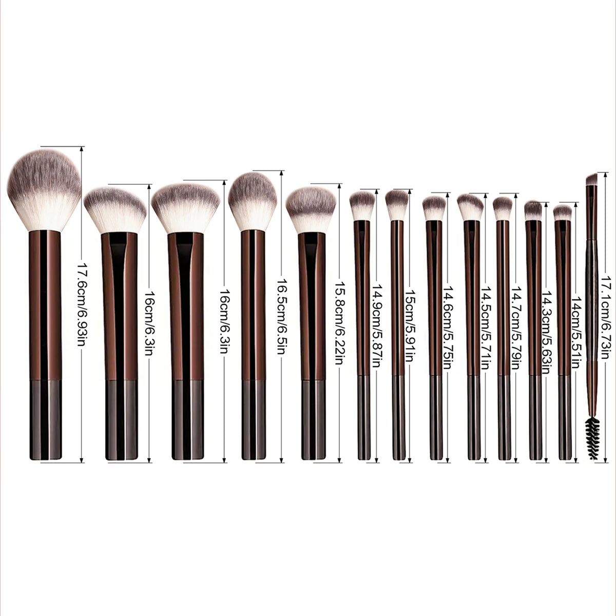 A collection of thirteen professional makeup brushes with varying sizes and styles displayed side by side.