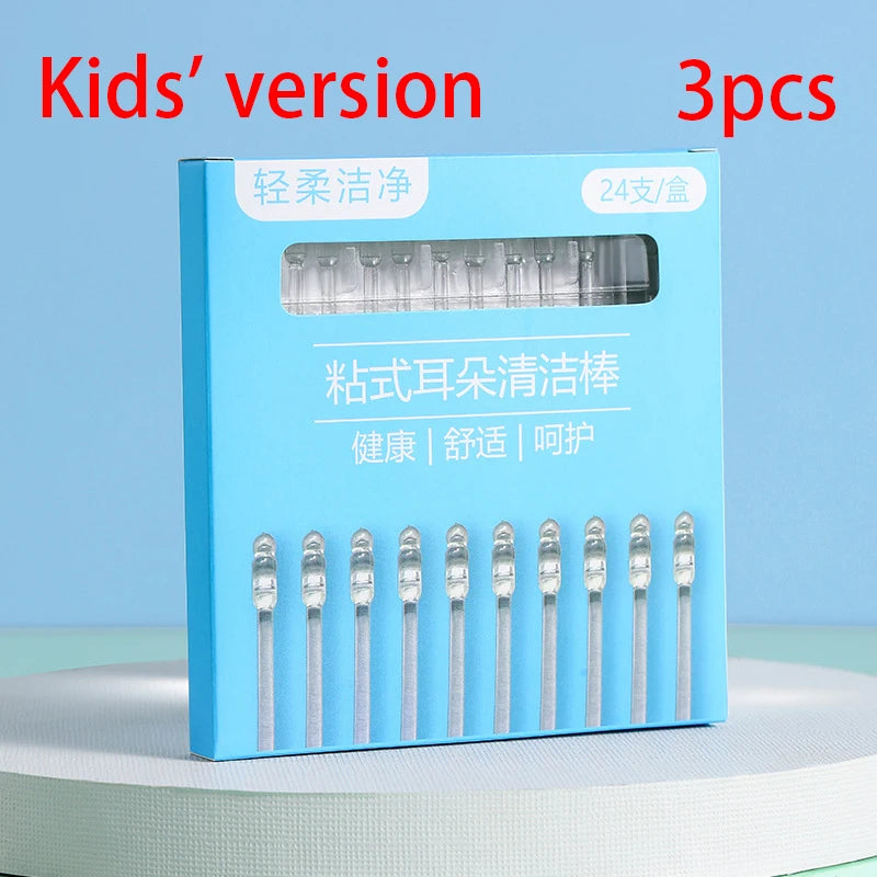 Eine Box mit 3 Silikon-Ohrenwachs-Entferner-Picks für Kinder, mit Anleitung.
