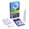 A box and components for a rotating electric toothbrush, including the brush head and charging cable.