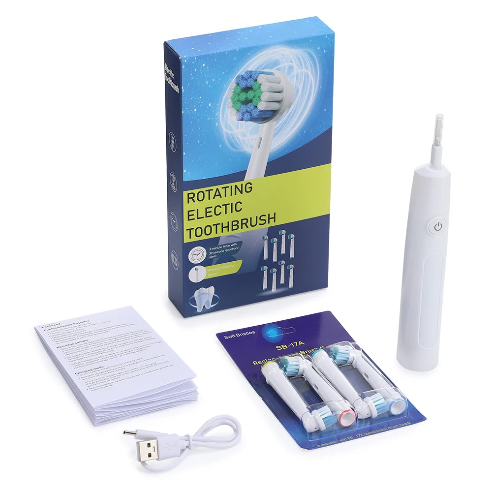 A box and components for a rotating electric toothbrush, including the brush head and charging cable.