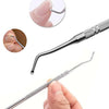 A stainless steel ingrown toenail pedicure tool set showing various tools and a hand using one of the instruments.