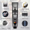 A professional electric hair clipper set showing various features like safe blades, powerful motor, adjustable settings, and 