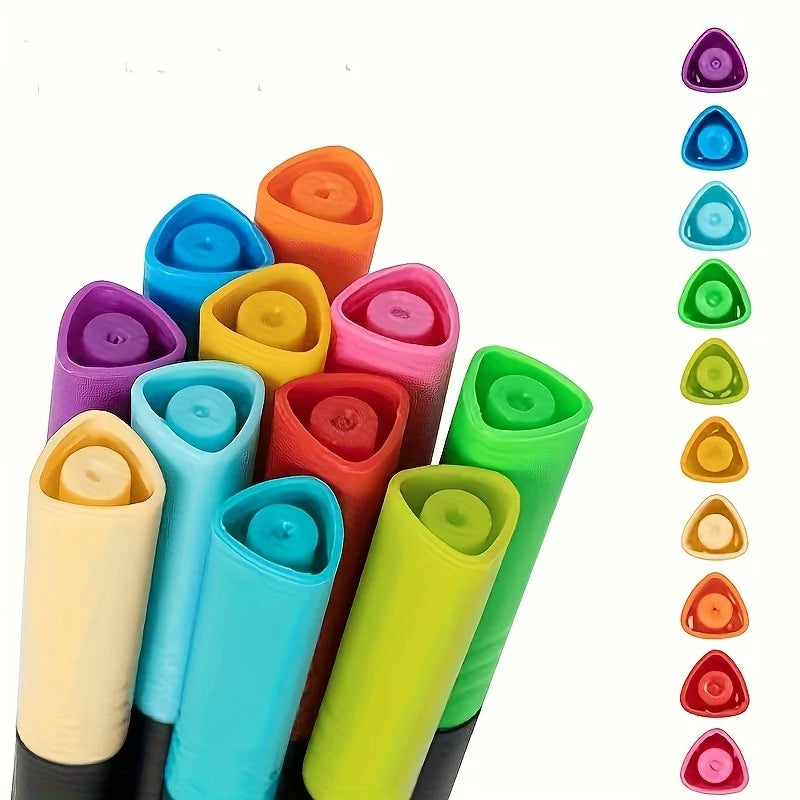 A collection of twelve vibrant colored dual-head art markers arranged vertically.