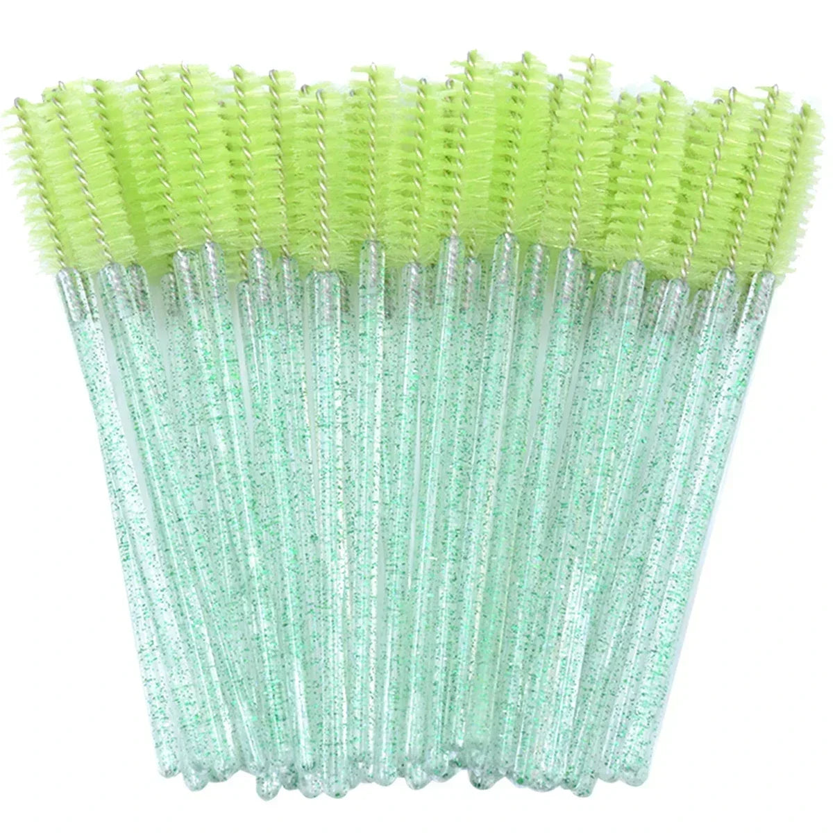 A set of disposable eyelash and eyebrow brushes in bright lime green.