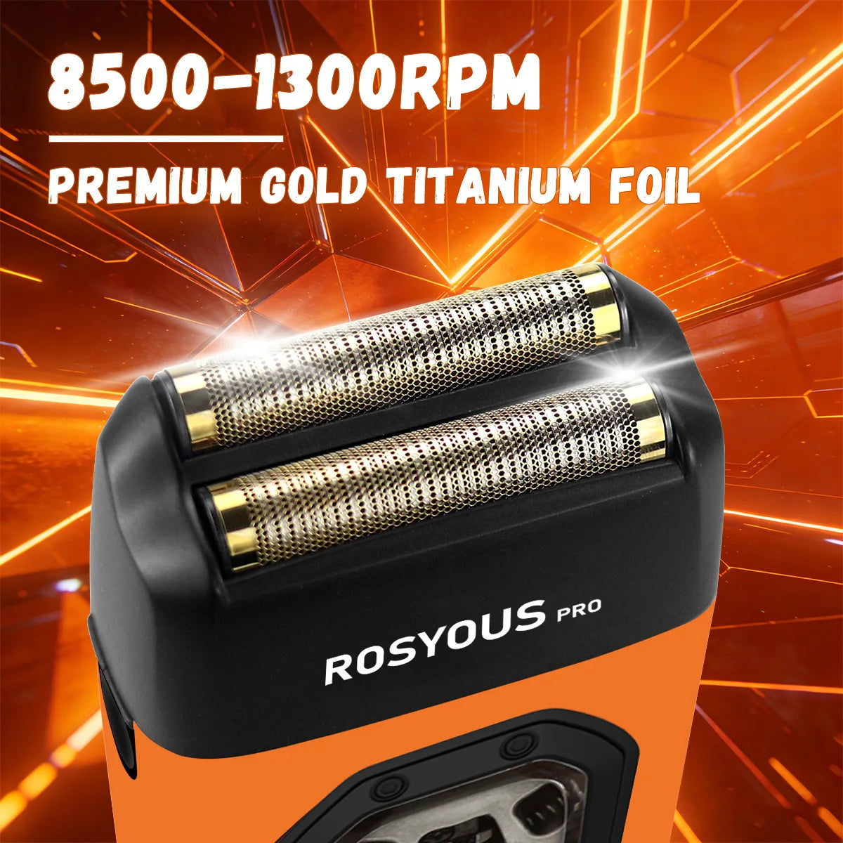 Close-up of a Rosyous Pro electric shaver with gold titanium foil and orange casing.