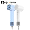 A white and blue professional high-speed hair dryer with a detachable nozzle and cord.