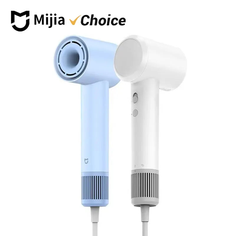 A white and blue professional high-speed hair dryer with a detachable nozzle and cord.