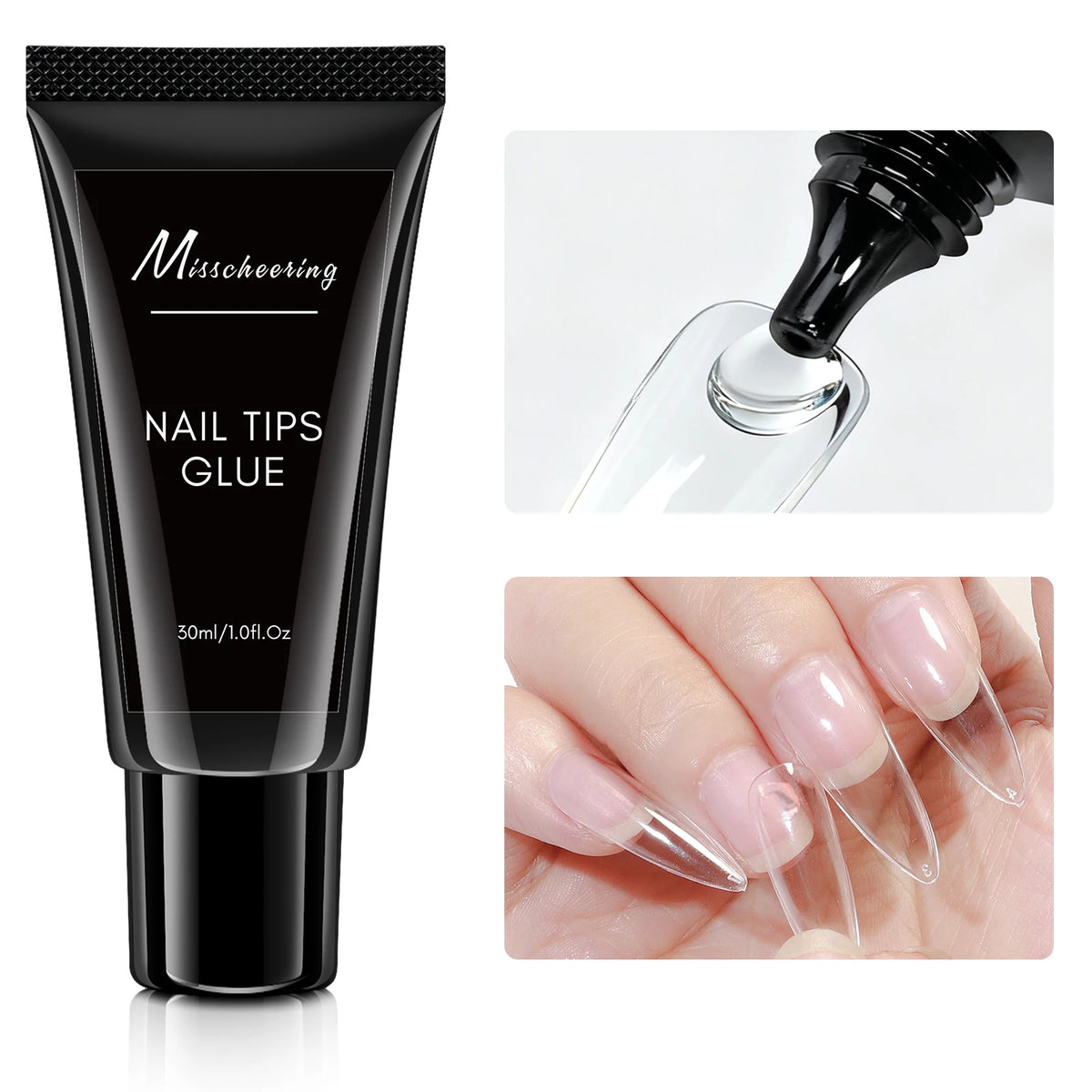 A black tube of Misscheering Nail Tips Glue with a glass applicator and several press-on nails.