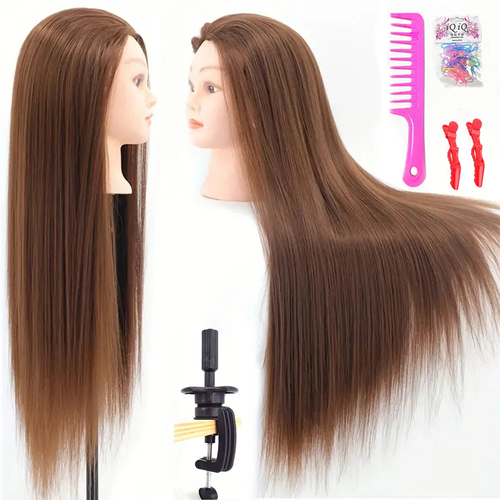 A display of long, straight brown hair extensions on a mannequin head with a pink comb and hair clips.