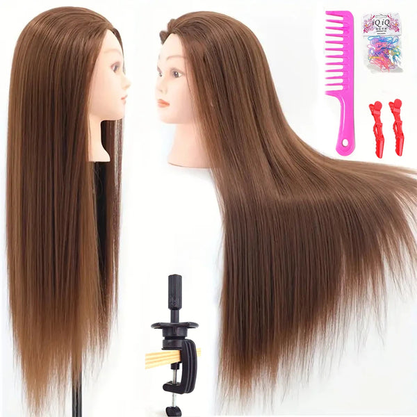 A display of long, straight brown hair extensions on a mannequin head with a pink comb and hair clips.